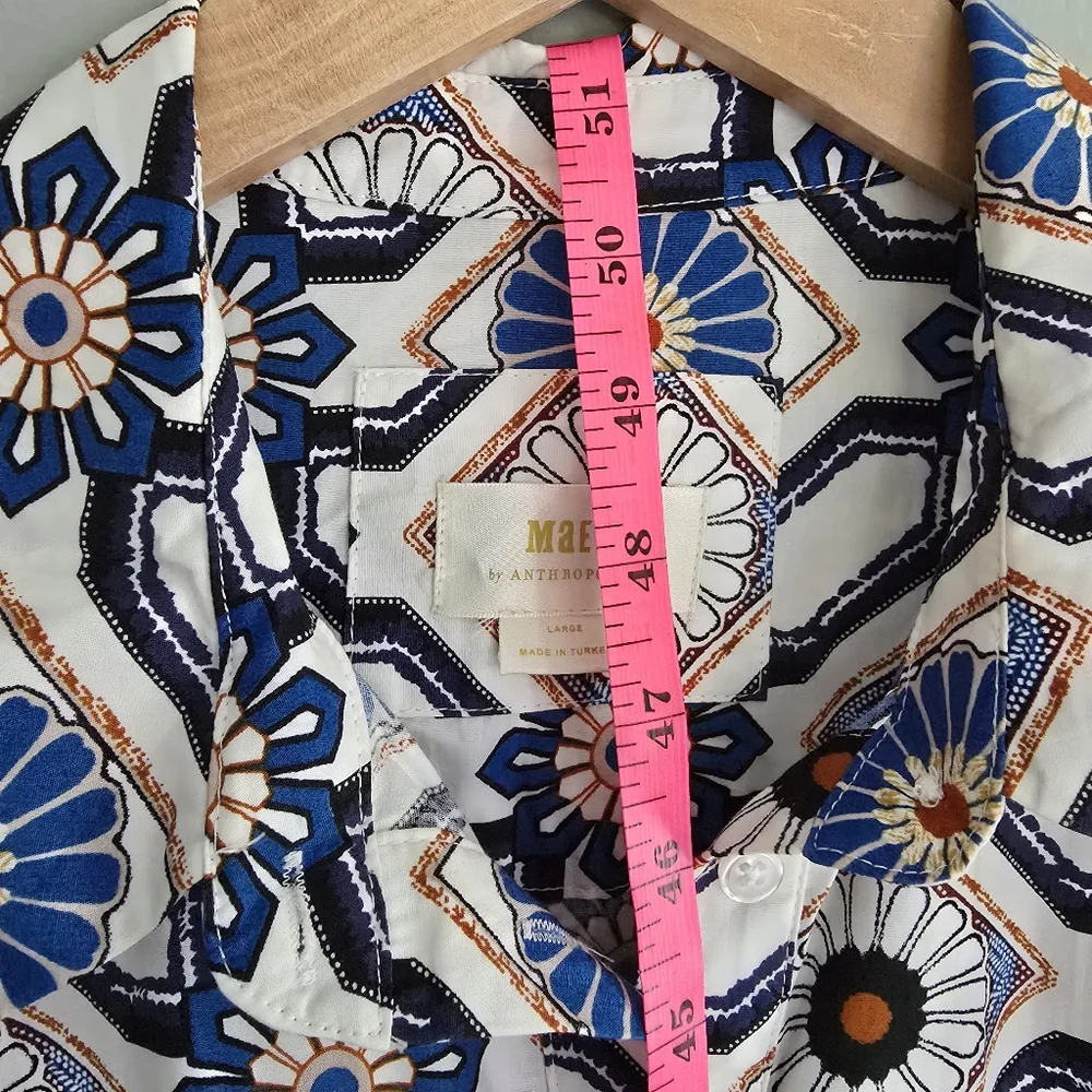 Anthropologie Maeve The Bettina in Sapphire White Tile Tiered Shirt Dress, Large - Picture 12 of 13